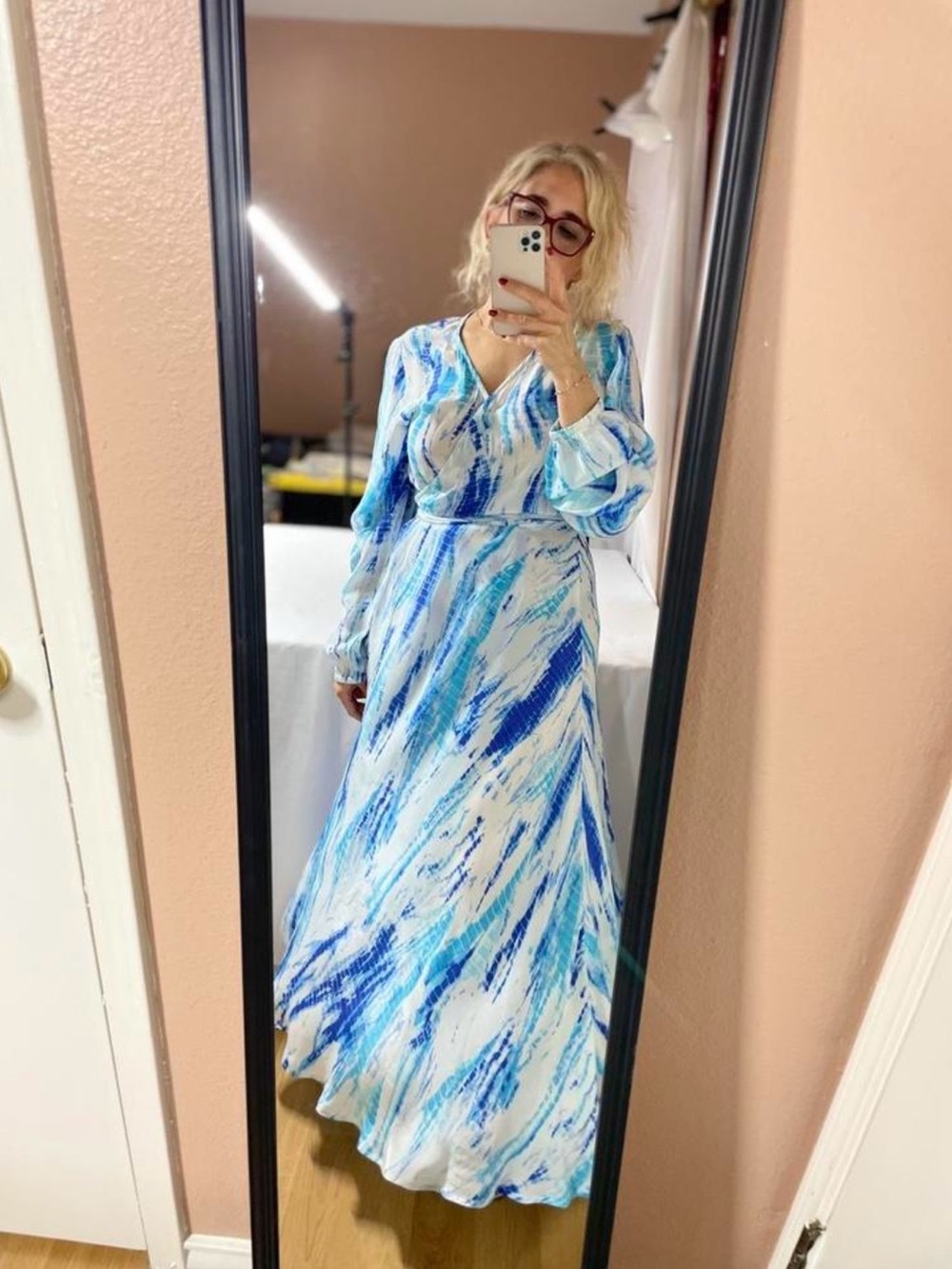 Boston Proper Blue Tie-Dye Faux Wrap Long Sleeve Maxi Dress Size L - Picture 3 of 11